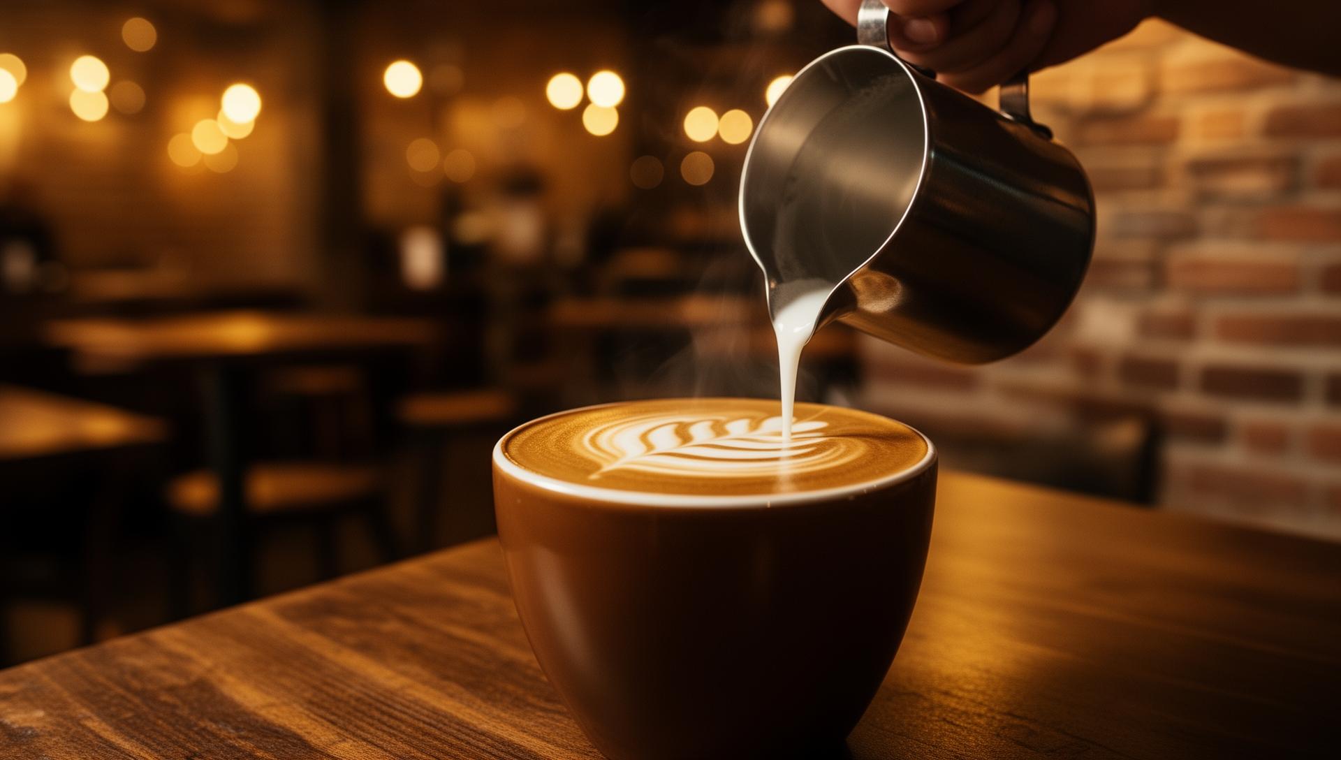 Barista pouring milk into a latte in an independent coffee shop